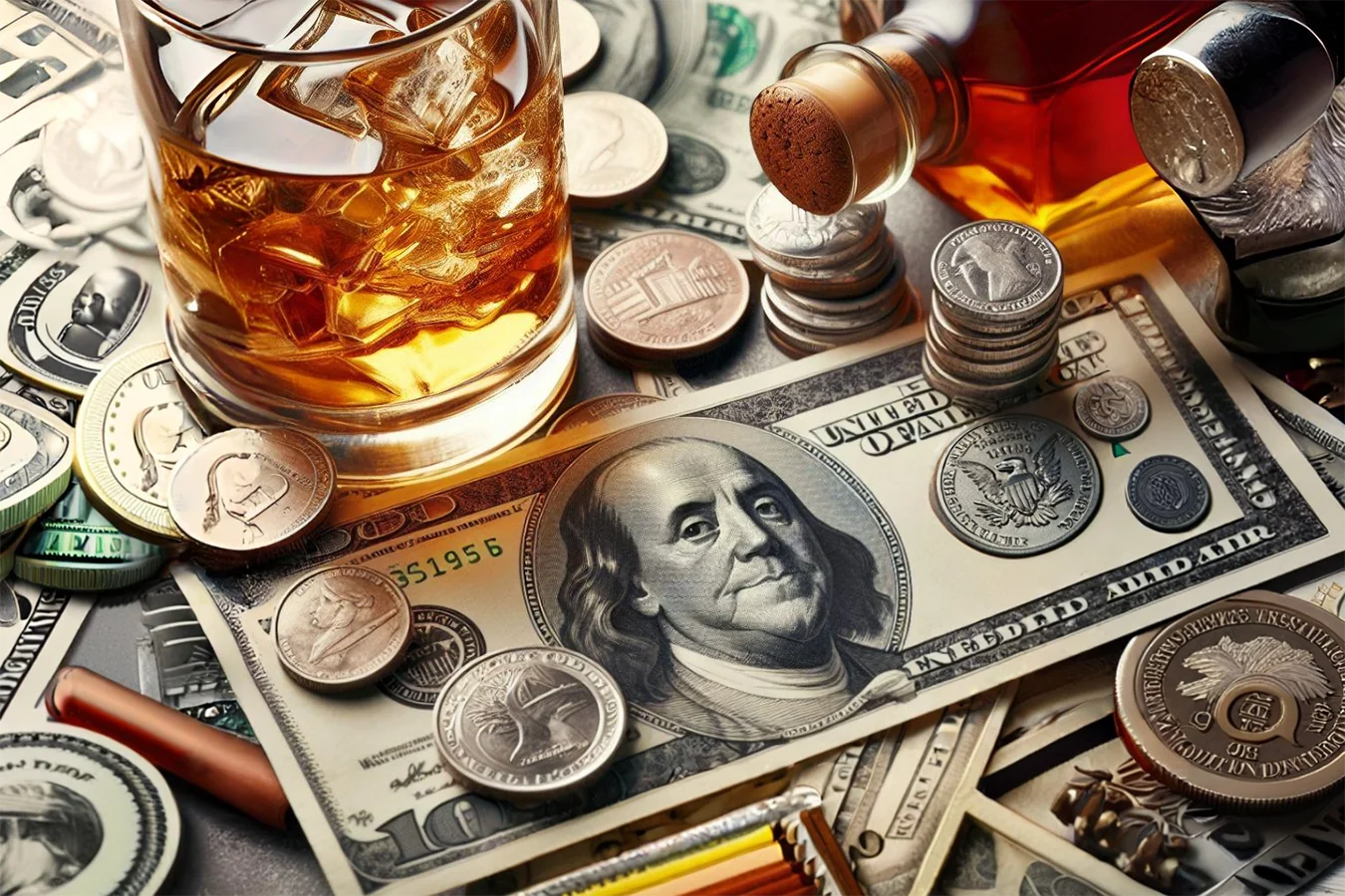 um copo de whisky sobre a mesa com dinheiro, destacando os melhores whiskys custo-benefício