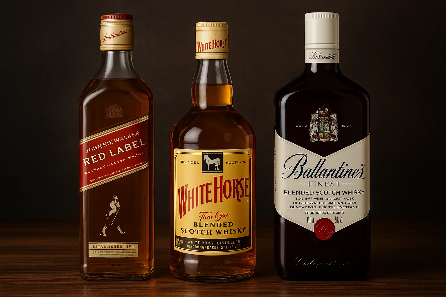 Red Label, White Horse e Ballantine's representando os melhores whiskys até 50 reais