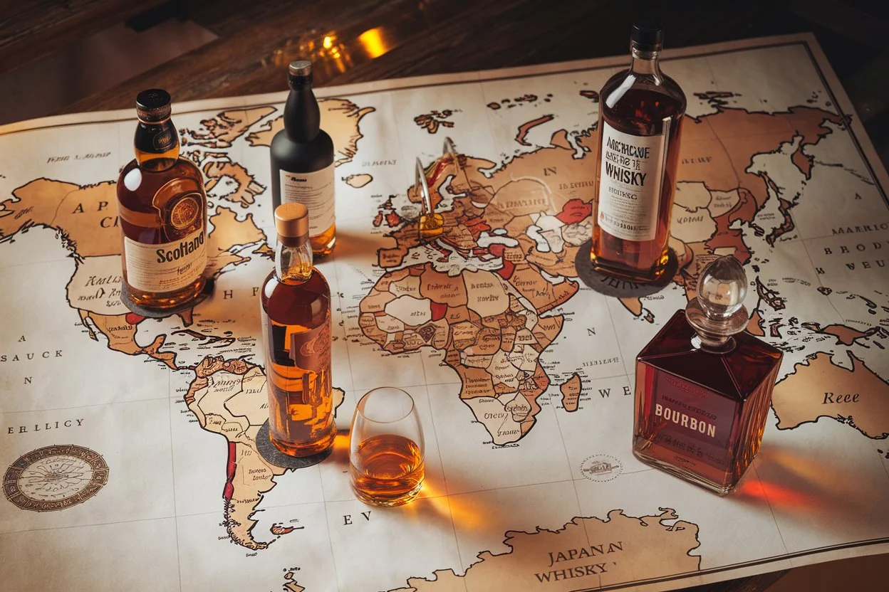 representação dos melhores whiskys do mundo estão distribuídos sobre um mapa vintage, simbolizando sua origem global