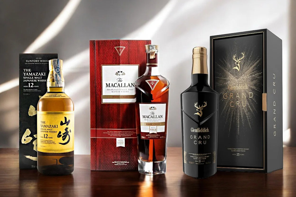 Uma seleção dos melhores whiskys do mundo exibida sobre uma mesa de madeira. A imagem apresenta três garrafas de whisky premium: Yamazaki 12 anos, The Macallan Rare Cask e Glenfiddich Grand Cru, cada uma ao lado de sua respectiva embalagem.